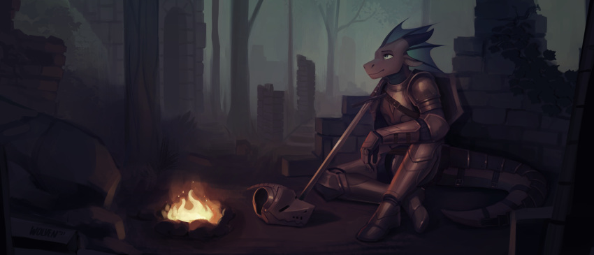 2021 anthro armor biped black_body black_scales campfire clothed clothing dragon emerson_(edef) english_text forest frill_(anatomy) headgear helmet hi_res horn itswolven male melee_weapon plant ruins scales signature sitting solo sword text tree weapon