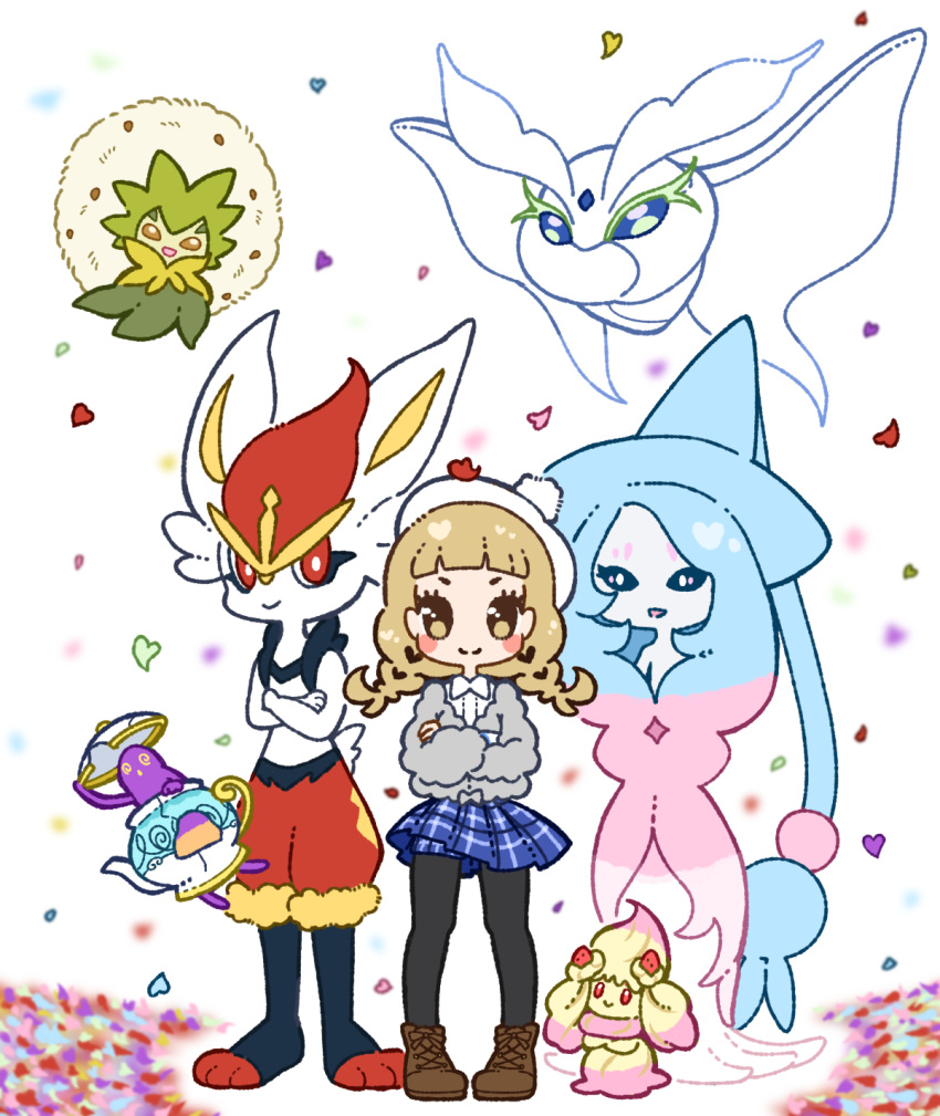 3girls @_@ absurdly_long_hair alcremie alcremie_(ruby_swirl) alcremie_(strawberry_sweet) animal_ears arm_up bangs bike_shorts black_legwear black_sclera blank_eyes blonde_hair blue_eyes blue_fur blue_hair blue_headwear blue_skirt blunt_bangs blush blush_stickers body_fur braid brown_eyes brown_footwear bunny_ears bunny_tail cinderace closed_mouth collared_shirt colored_sclera colored_skin commentary_request confetti cross-laced_footwear crossed_arms eldegoss flat_chest floating food frosmoth fruit full_body furry gen_8_pokemon gloria_(pokemon) grey_skin grey_sweater happy hat hatterene heart highres holding long_hair long_sleeves looking_at_another looking_at_viewer looking_up miniskirt muguet multicolored_hair multiple_girls open_mouth pantyhose paws pink_hair plaid plaid_skirt pleated_skirt pokemon pokemon_(creature) pokemon_(game) pokemon_swsh polteageist prehensile_hair rabbit_girl red_eyes red_fur red_hair shirt shoes short_hair simple_background skirt smile standing straight-on strawberry sweater tail teapot tied_hair twin_braids two-tone_hair very_long_hair white_background white_eyes white_fur white_shirt witch_hat yellow_eyes yellow_fur