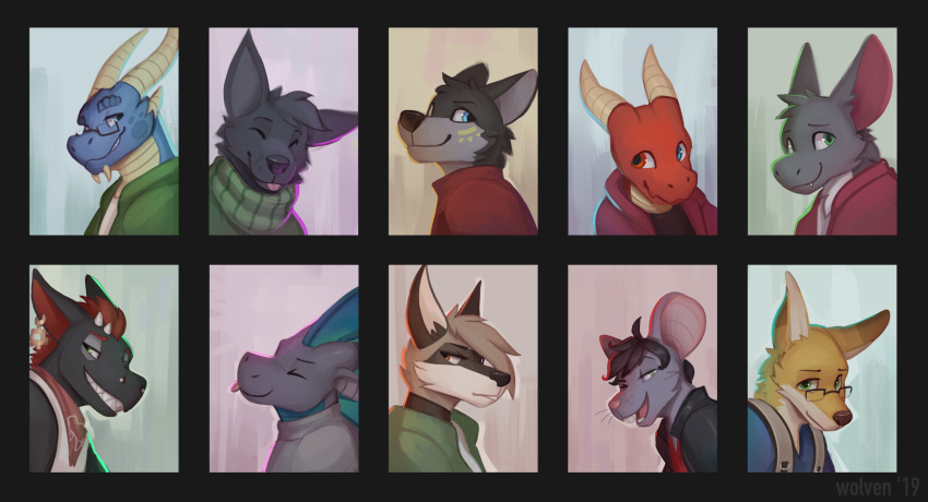 2019 ambiguous_gender anthro black_body black_fur black_hair black_nose black_scales blep blue_body blue_eyes blue_frill blue_scales brown_eyes canid canine canis cheek_tuft clothed clothing countershade_face countershade_fur countershade_scales countershading dragon ear_piercing ear_ring eyes_closed eyewear facial_tuft fangs fox fur glasses green_eyes grey_body grey_fur grey_scales grin group hair heterochromia hi_res horn itswolven jacket kerchief male mammal mouse multiple_images murid murine neck_tuft piercing pink_inner_ear portrait procyonid raccoon red_body red_eyes red_kerchief red_scales rodent scales scalie shirt smile sweater tan_body tan_fur tan_hair tan_scales tongue tongue_out topwear tuft white_body white_fur wolf yellow_body yellow_fur