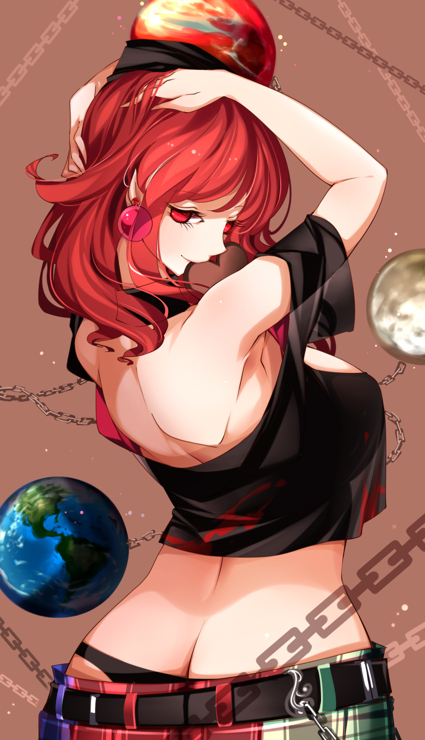 1girl absurdres ass black_panties breasts brown_background butt_crack candy chain chocolate chocolate_heart choker cleavage commentary_request crop_top earrings earth_(ornament) food hand_in_hair heart hecatia_lapislazuli highres jewelry large_breasts looking_at_viewer looking_back medium_hair moon_(ornament) mouth_hold multicolored multicolored_clothes multicolored_skirt panties pointy_ears polos_crown raptor7 red_eyes red_hair shadow shirt simple_background skirt smile solo touhou underwear