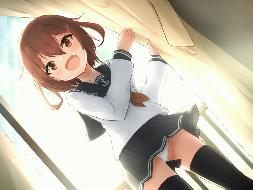 1girl black_legwear black_skirt brown_hair centi_mnkt curtains dutch_angle fang hair_ornament hairclip highres ikazuchi_(kancolle) kantai_collection long_hair long_sleeves looking_at_viewer miniskirt neckerchief open_mouth panties pantyshot red_neckwear sailor_collar school_uniform serafuku shirt short_hair skirt smile solo standing thighhighs underwear white_panties white_shirt window