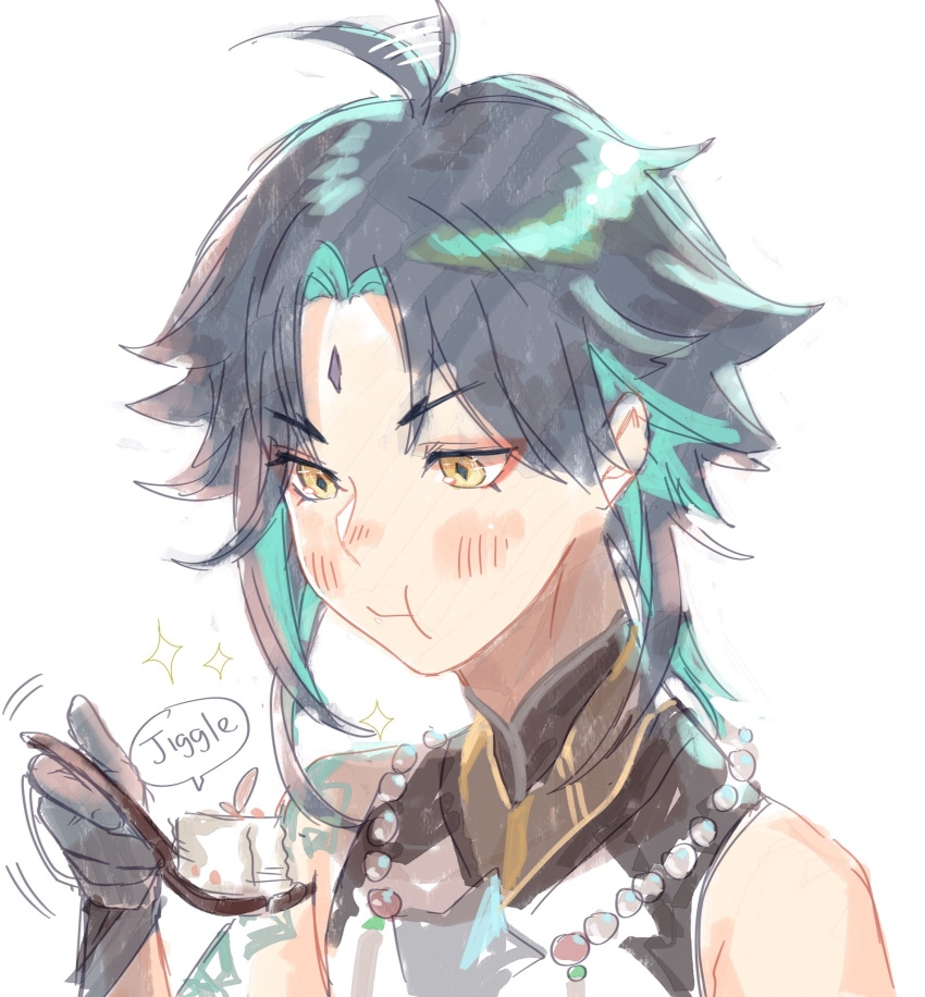 1boy ahoge ahoge_wag arm_tattoo bangs bare_shoulders bead_necklace beads black_gloves black_hair blush closed_mouth diamond-shaped_pupils diamond_(shape) eating english_text expressive_hair eyebrows_visible_through_hair facial_mark food forehead_mark genshin_impact gloves green_hair highres holding holding_spoon jewelry long_hair male_focus multicolored_hair necklace oyakorodesu parted_bangs simple_background sleeveless solo speech_bubble spoon symbol-shaped_pupils tattoo tofu utensil white_background xiao_(genshin_impact) yellow_eyes