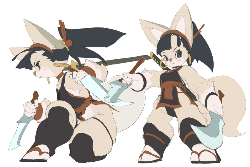 2019 anthro asian_clothing black_eyes black_hair blush breasts canid clothing countershading dagger east_asian_clothing female hair hi_res holding_dagger koki mammal melee_weapon ponytail simple_background solo standing thick_thighs weapon white_background white_countershading