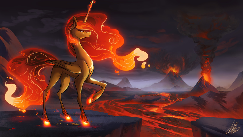 absurd_res detailed_background equid equine female feral friendship_is_magic hi_res horn huge_filesize lava light262 mammal mane my_little_pony outside princess_celestia_(mlp) red_mane smoke solo volcano winged_unicorn wings