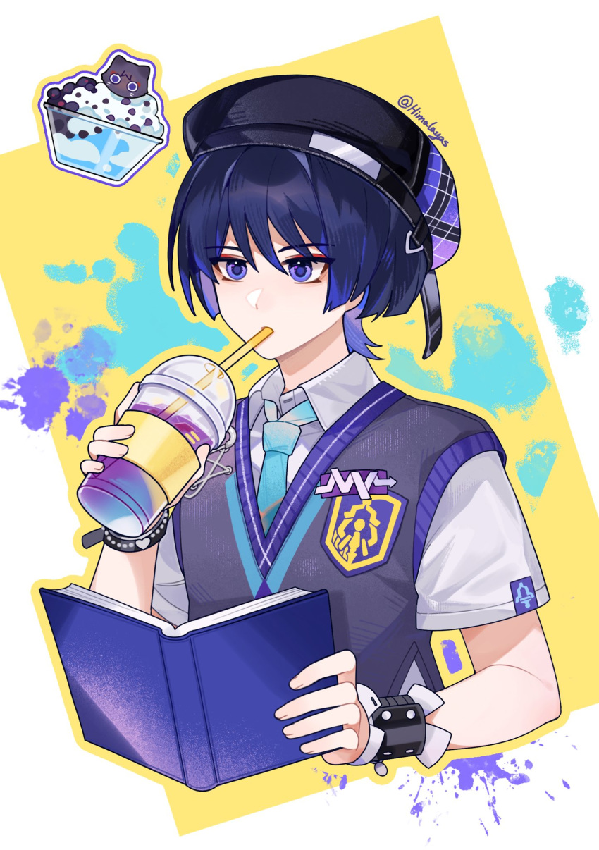 1boy beret black_hair black_hat black_sweater_vest blue_necktie blue_trim blunt_ends book border choppy_bangs collared_shirt colored_inner_hair contemporary cup disposable_coffee_cup disposable_cup drinking drinking_straw emblem eyeliner fingernails food_request genshin_impact hand_up hat highres himalayas0 holding holding_book holding_cup makeup male_focus multicolored_hair necktie official_alternate_costume open_book purple_eyes purple_hair purple_trim red_eyeliner scaramouche_(cat)_(genshin_impact) scaramouche_(genshin_impact) school_uniform shirt short_sleeves solo sweater_vest tsurime twitter_username undershirt wanderer_(genshin_impact) wanderer_(mega_mgc_coffee)_(genshin_impact) white_border white_shirt white_sleeves wrist_cuffs yellow_background