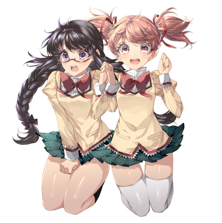 2girls akemi_homura black_hair black_legwear braid glasses green_skirt highres holding_hands kaname_madoka long_hair long_sleeves mahou_shoujo_madoka_magica miniskirt misteor mitakihara_school_uniform multiple_girls pink_eyes pink_hair plaid plaid_skirt pleated_skirt purple_eyes red-framed_eyewear school_uniform shirt short_twintails skirt socks thighhighs twin_braids twintails white_legwear yellow_shirt