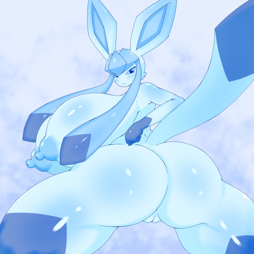 1:1 anthro big_breasts big_butt blue_and_white blush breasts butt eeveelution female genitals glaceon hi_res huge_breasts huge_butt hyper hyper_breasts looking_back monochrome nintendo nude omenyanozero pok&eacute;mon pok&eacute;mon_(species) pussy solo video_games