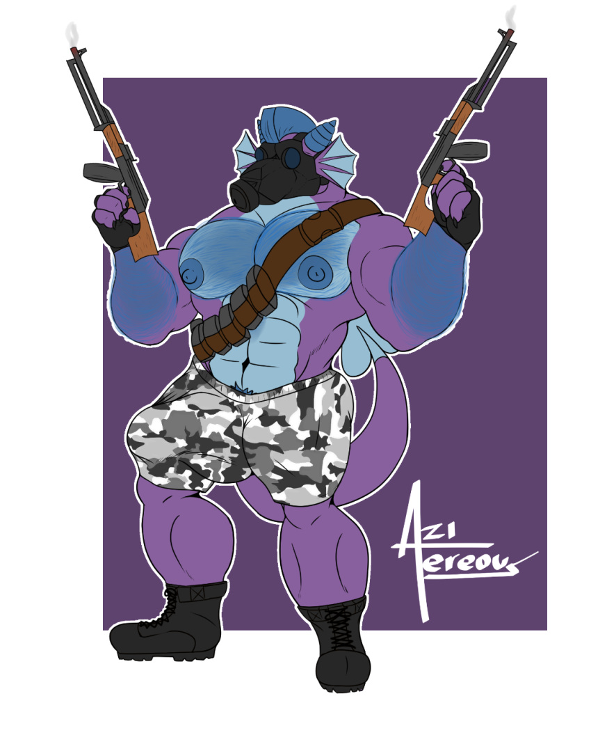 abs aereous anthro arm_hair bandolier barazoku biceps big_bulge big_muscles big_nipples big_pecs body_hair boots bottomwear bulge camo camo_bottomwear camo_clothing camo_print chest_hair clothed clothing demino_(deminothedragon) digital_media_(artwork) dragon fingerless_gloves footwear gas_mask gloves gun hair handwear hi_res huge_bulge huge_muscles male mask military_boots muscular muscular_anthro muscular_male nipples pattern_bottomwear pattern_clothing pecs ranged_weapon rpk scalie simple_background solo topless weapon