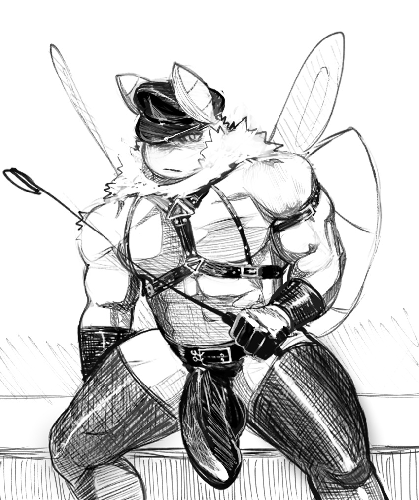antennae_(anatomy) anthro arthropod arthropod_abdomen belt bench biceps blank_expression bottomwear bulge chaps clothing crotchless_bottomwear crotchless_clothing fluffedwings furgonomics genital_outline gloves handwear harness hat headgear headwear hi_res insect insect_wings leather leather_chaps leather_clothing leather_daddy leather_gloves leather_handwear leather_harness lepidopteran male monochrome moth muscular muscular_anthro muscular_male neck_tuft pecs penis_outline riding_crop sitting sketch solo tight_bottomwear tight_clothing tight_underwear tuft whip wings