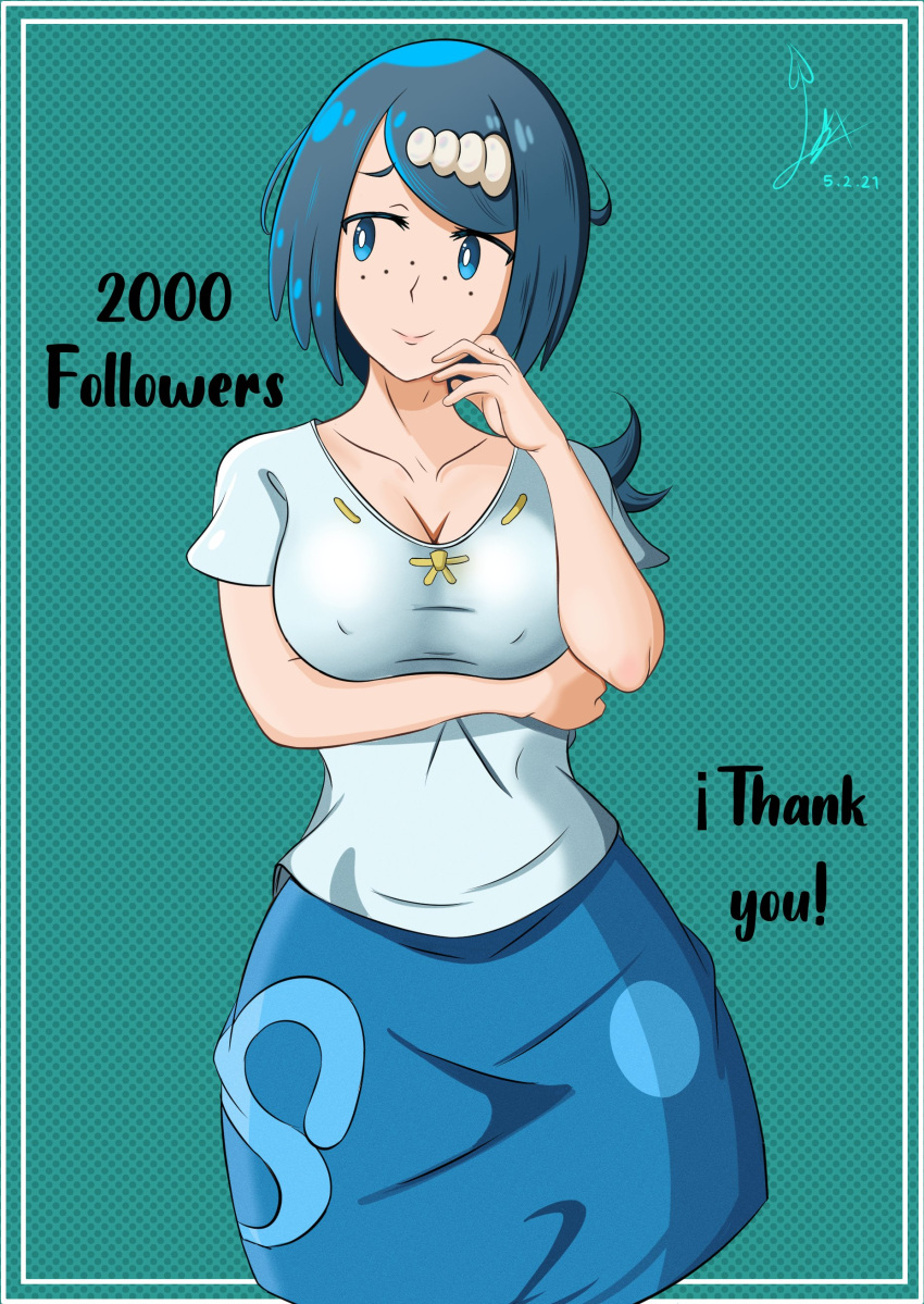 1girl absurdres arm_under_breasts blue_eyes blue_hair blue_skirt breasts closed_mouth collarbone commentary covered_nipples dated eyelashes framed hair_ornament hand_up highres laceysx lana's_mother_(pokemon) large_breasts long_hair milestone_celebration no_sclera pokemon pokemon_(anime) pokemon_sm_(anime) raised_eyebrows shirt short_sleeves sideways_glance skirt solo thank_you
