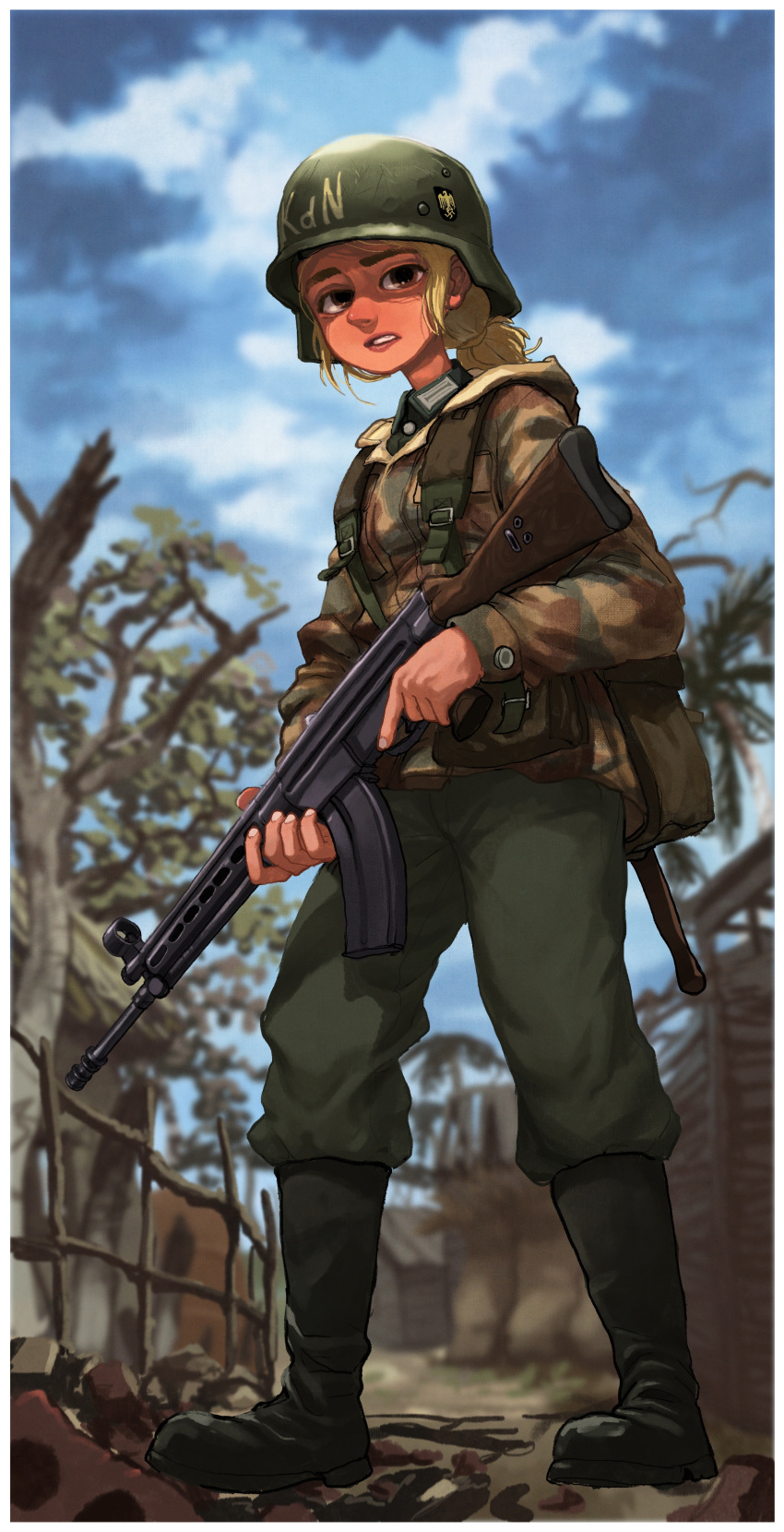 1girl absurdres backpack bag battle_rifle blonde_hair boots cloud cloudy_sky combat_boots day english_commentary full_body germany gun hearts_of_iron helmet highres holding holding_gun holding_weapon hood hood_down hooded_jacket jacket low_ponytail medium_hair military military_uniform rifle rifleman_(bjh8508) sky soldier solo standing trigger_discipline uniform war weapon world_war_ii