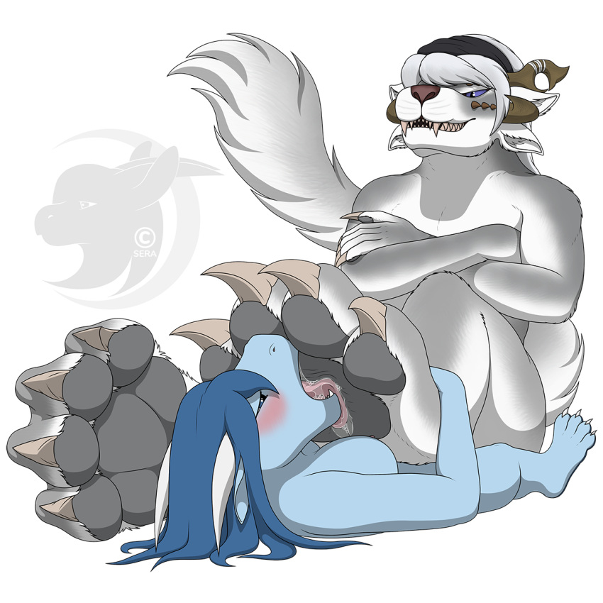 2021 4_ears 4_toes alpha_channel anthro barefoot blue_body blue_eyes blue_hair blue_scales blue_sclera blush bodily_fluids breasts charr claws countershade_arms countershade_face countershade_feet countershade_legs countershade_torso countershading crossed_arms dragon drool_on_feet drooling duo feet felid female female/female foot_fetish foot_grab foot_lick foot_play fur grey_body grey_fur grey_nose grey_pawpads guild_wars hair hi_res horn licking looking_down mammal mauldered multi_ear nipples nude pawpads paws pink_nipples pink_tongue saliva saliva_string scales sera_(sera) seraotoro sharp_claws sharp_teeth simple_background size_difference teeth toe_claws toes tongue tongue_out transparent_background video_games watermark white_body white_fur white_hair