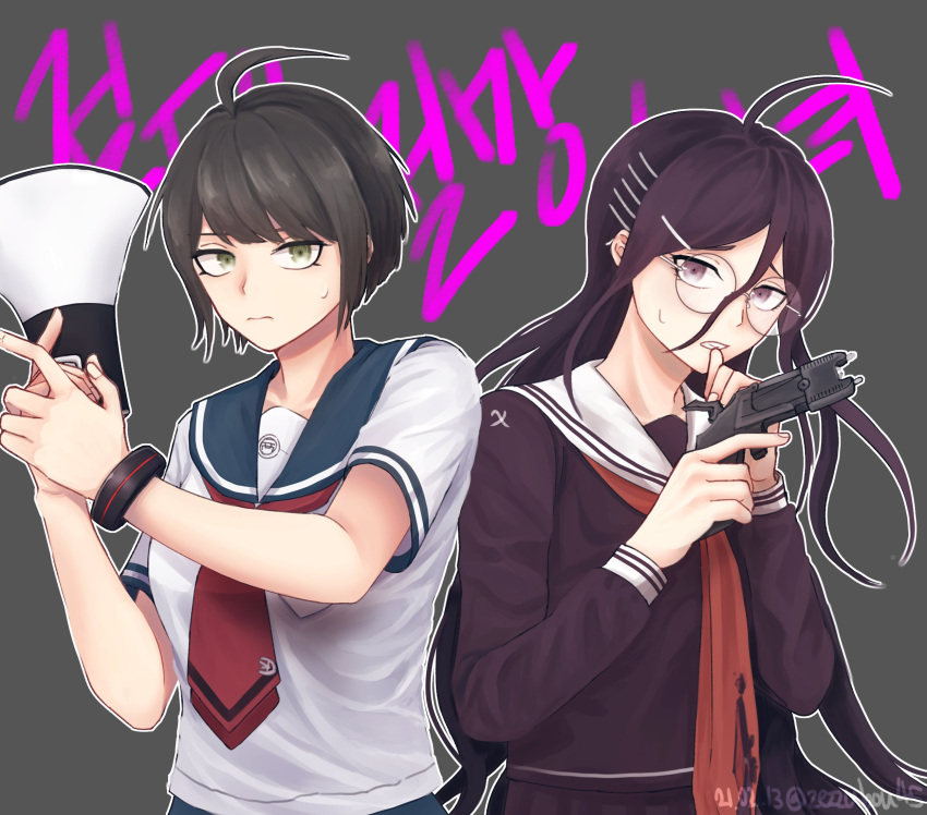 2girls ahoge antenna_hair bangs black_hair brown_hair closed_mouth commentary_request danganronpa_(series) danganronpa_another_episode:_ultra_despair_girls dated fukawa_touko glasses green_eyes gun hair_ornament hairclip highres holding holding_megaphone holding_weapon long_hair long_sleeves looking_at_viewer megaphone multiple_girls naegi_komaru open_mouth pleated_skirt purple_hair purple_shirt sailor_collar school_uniform serafuku shirt short_hair short_sleeves skirt sweatdrop taser teeth torn_neckerchief upper_body weapon white_shirt zezzubou45