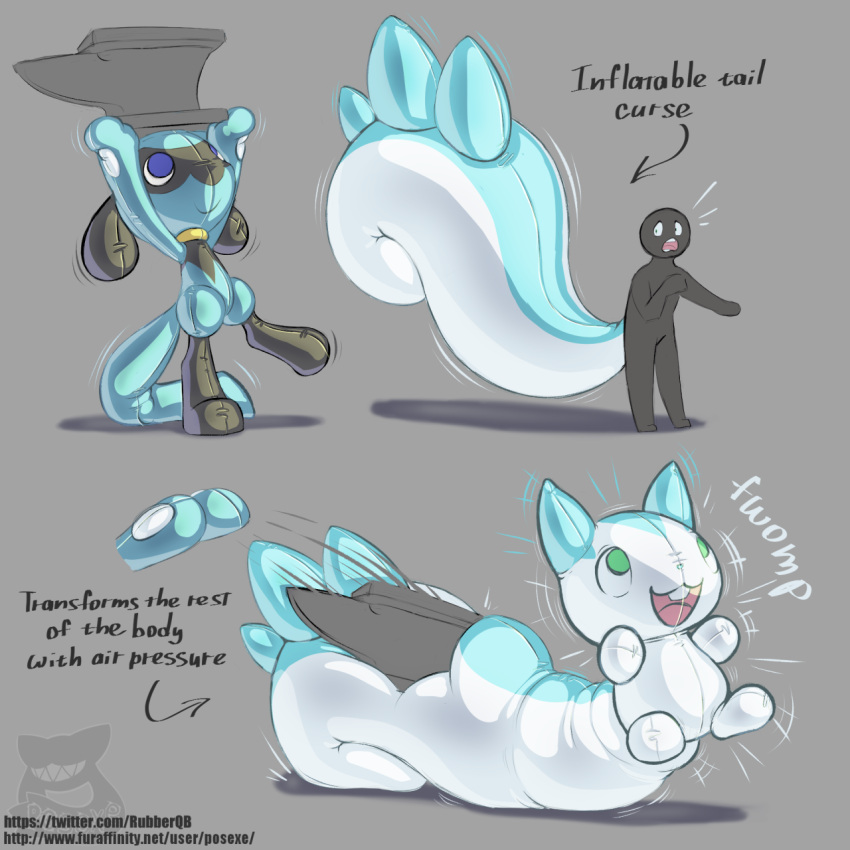 1:1 2021 ambiguous_gender animate_inanimate anthro anvil before_and_after big_tail english_text grey_background hi_res inanimate_transformation inflatable living_inflatable male nintendo pachirisu pok&eacute;mon pok&eacute;mon_(species) posexe riolu simple_background species_transformation surprise text transformation url video_games