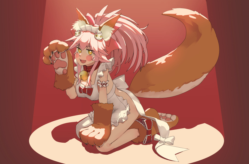 1girl absurdres animal_ear_fluff animal_ears apron artist_request bell bell_collar blush_stickers breasts cat_hair_ornament cat_paws cleavage collar eyebrows_visible_through_hair fang fate/grand_order fate_(series) fox_ears fox_girl fox_tail gloves hair_ornament hair_ribbon highres jingle_bell large_breasts long_hair looking_at_viewer naked_apron open_mouth paw_gloves paw_shoes paws pink_hair ponytail red_ribbon ribbon shoes sitting skin_fang solo tail tamamo_(fate)_(all) tamamo_cat_(fate) white_apron yellow_eyes