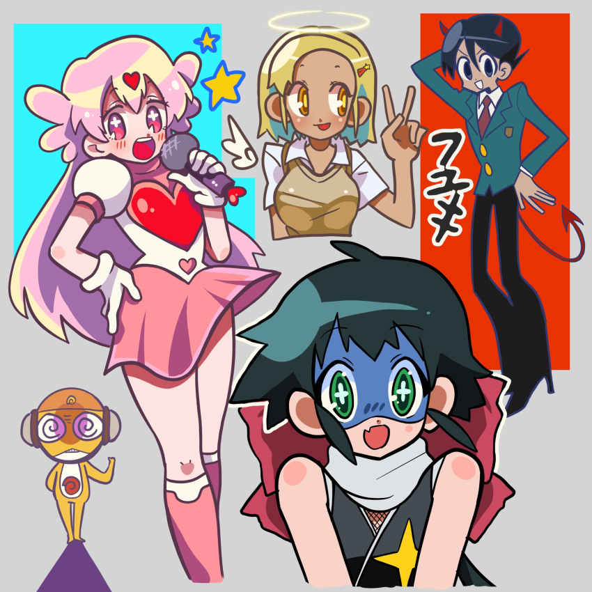 1boy 3girls :d alien angel_wings angol_mois azumaya_koyuki bare_shoulders black_hair blonde_hair blue_eyes blue_mask boots bow demon demon_boy demon_horns demon_tail empty_eyes english_commentary fang fishnets gloves green_eyes gyaru hair_bow hair_wings hand_on_own_hip highres hinata_fuyuki holding holding_microphone horns idol keroro_gunsou kururu_(keroro_gunsou) long_hair mask microphone mimiyori multiple_girls ninja orange_eyes pink_boots pink_eyes pink_hair pink_skirt puffy_short_sleeves puffy_sleeves red_bow scarf school_uniform short_hair short_sleeves single_wing skin_fang skirt smile sumomo_(keroro_gunsou) tail v v-shaped_eyebrows white_gloves white_scarf wings