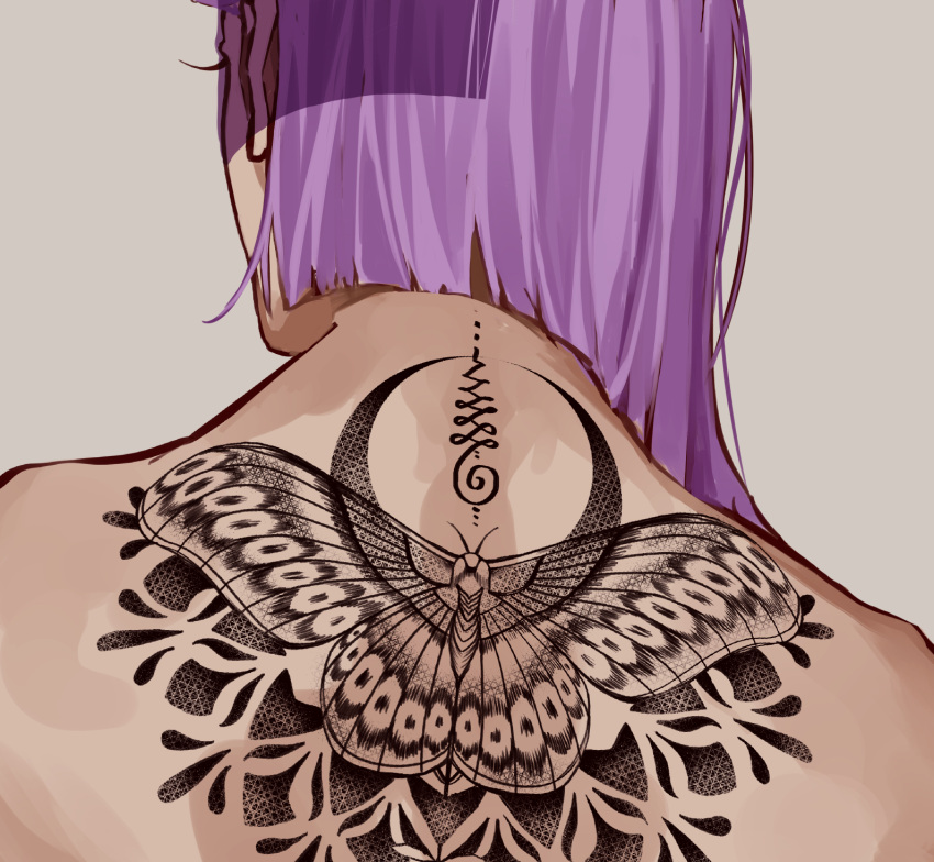 asymmetrical_hair back_tattoo butterfly_tattoo character_request from_behind highres jojo_no_kimyou_na_bouken medium_hair miquiaf nape neck_tattoo purple_hair solo tattoo