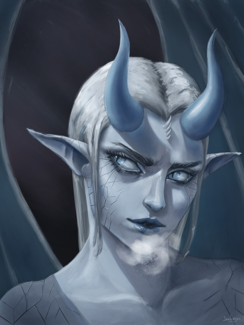 absurd_res black_eyebrows blue_and_white blue_eyes blue_horn blue_lips dragon eyebrows female fog frost_dragon hair hi_res horn humanoid humanoid_pointy_ears lips monochrome nude pupils scalie slit_pupils small_horns solo western_dragon white_hair white_horn wings