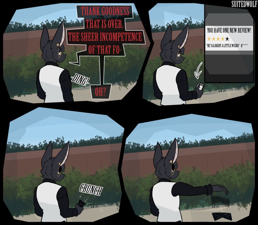 2026 4_panel_comic 5_fingers angry anthro artist_name bat big_ears biped black_body black_clothing black_ears black_fur black_shirt black_text black_topwear blue_sky cain_(suitedwolfie) cellphone character_name cheek_tuft claws clothing collared_shirt comic day destroying_object destruction detailed_background digital_drawing_(artwork) digital_media_(artwork) ear_piercing electronics eyewear facial_tuft fence finger_claws fingers fur glasses gold_glasses gold_piercing gold_star grass head_tuft hi_res holding_cellphone holding_object holding_phone holding_smartphone humor insecure interrupted_speech light male mammal markings notification offscreen_character onomatopoeia outside phone phone_screen piercing pink_inner_ear plant question_mark red_text review shaded shirt shrub sidewalk sky smartphone snout solo sound_effects standing suit suitedwolfie sunlight text topwear tuft watermark wearing_glasses white_body white_clothing white_fur white_markings white_suit wingless_bat wood wood_fence
