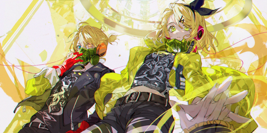 1boy 2girls adjusting_mask alternate_costume belt blonde_hair blue_eyes blurry bow breasts brother_and_sister cable depth_of_field foreshortening frilled_sleeves frills from_below gas_mask gloves hair_bow hair_ornament hairclip headphones heterochromia highres interlocked_fingers jacket kagamine_len kagamine_rin kagamine_rin_(roshin_yuukai/hard_rkmix) kanose looking_at_viewer mask_around_neck midriff midriff_peek multiple_girls navel outstretched_arm outstretched_hand pale_skin parted_lips pov pov_hands print_shirt reaching_out red_gloves roshin_yuukai_(vocaloid) shirt short_ponytail shorts siblings small_breasts torn_clothes torn_legwear twins two-tone_jacket vocaloid yellow_eyes yellow_jacket yellow_nails