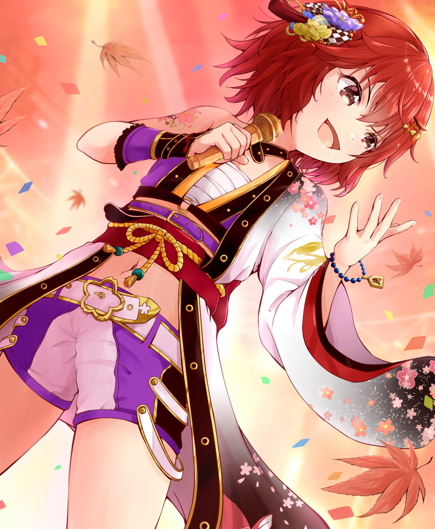 1girl absurdres autumn_leaves belt bracelet brown_eyes chest_sarashi coat commentary_request flat_chest hair_ornament highres holding holding_microphone idolmaster idolmaster_cinderella_girls idolmaster_cinderella_girls_starlight_stage jewelry kanzashi leaf looking_to_the_side microphone murakami_tomoe navel open_clothes open_coat red_hair ryou.r sarashi shogi_piece short_hair shorts signing smile solo
