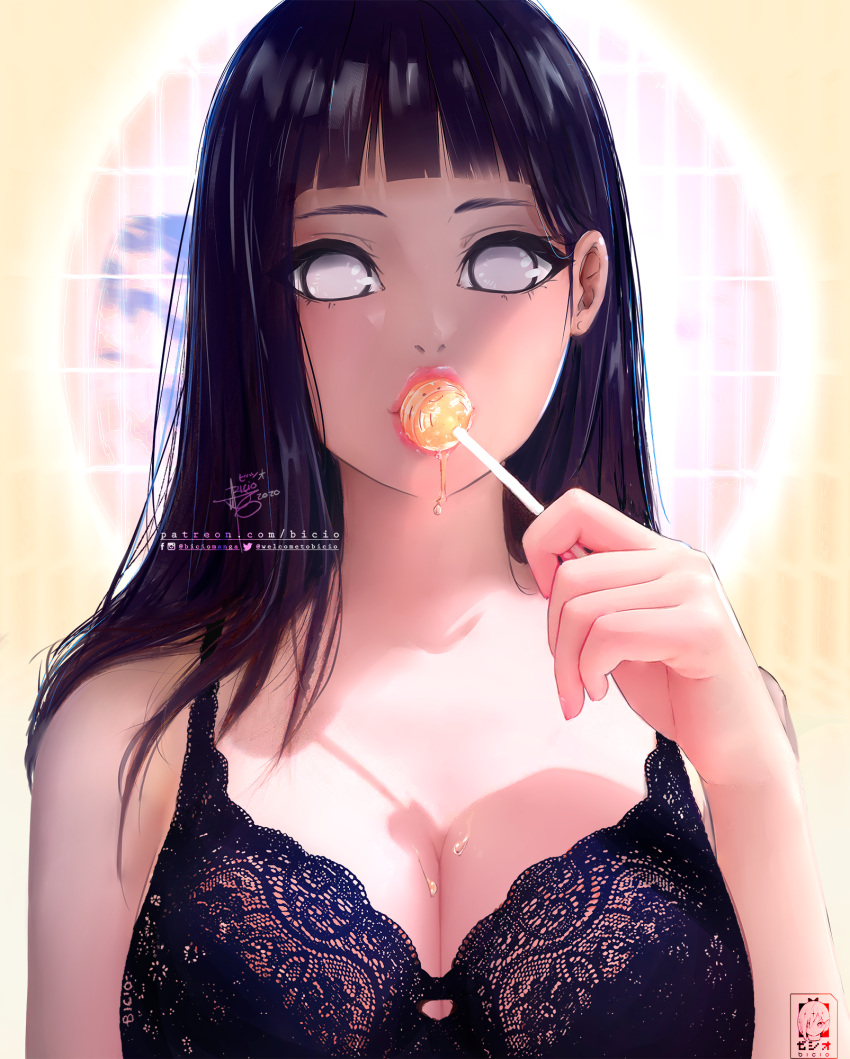 1girl bangs bicio black_hair blunt_bangs bra breasts candy cleavage dripping english_commentary food grey_eyes highres holding hyuuga_hinata large_breasts lips lollipop long_hair looking_at_viewer naruto_(series) naruto_shippuuden solo underwear upper_body