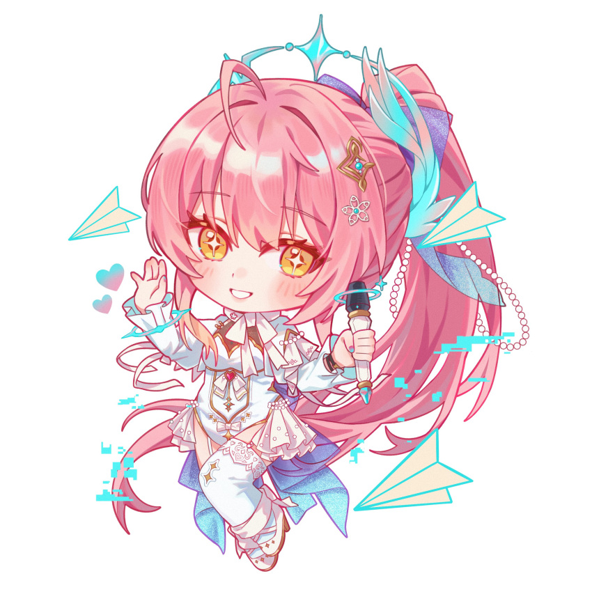 1girl absurdres aemeath_(wuthering_waves) ahoge breasts chibi chibi_only commentary_request glitch hair_ornament hand_up highres holding holding_microphone leotard long_hair looking_at_viewer medium_breasts microphone orange_eyes paper_airplane pink_hair ponytail sagi_(sagi_0116) simple_background smile solo star-shaped_pupils star_(symbol) symbol-shaped_pupils waving white_background white_leotard wuthering_waves