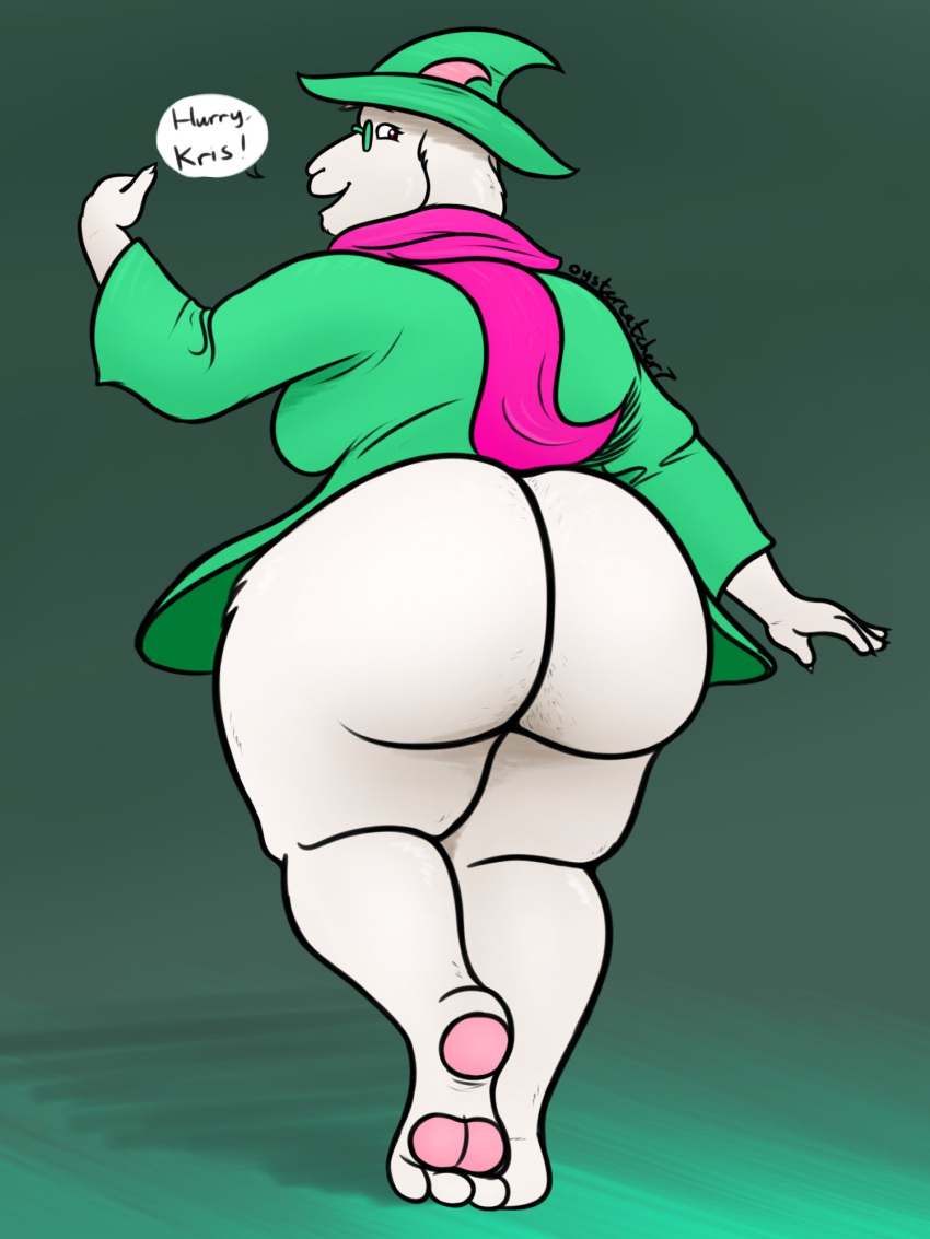 3:4 anthro big_breasts big_butt bovid breasts butt caprine clothed clothing deltarune digital_media_(artwork) english_text eyewear female fur glasses goat hat headgear headwear hi_res huge_butt looking_at_viewer looking_back mammal nude open_mouth oystercatcher7 ralsei scarf simple_background smile solo text thick_thighs video_games white_body white_fur wide_hips