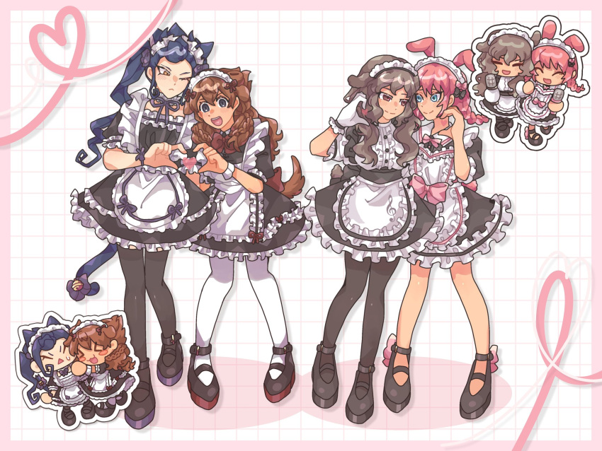 >_< 4girls :< :d animal_ears apron back_bow bell black_dress black_pantyhose black_shoes blue_hair blush border bow bowtie braid brown_eyes brown_hair cat_ears cat_tail chibi chibi_inset closed_eyes collar colored_shadow commentary_request detached_collar dog_ears dog_tail dress drill_hair drop_shadow enmaided frilled_collar frilled_gloves frilled_skirt frilled_sleeves frilled_wrist_cuffs frills genderswap genderswap_(mtf) gloves grey_eyes grid_background half-heart_hands heart heart_hands heart_hands_duo highres holding holding_microphone inazuma_eleven_(series) inazuma_eleven_go kirino_ranmaru korean_commentary long_hair looking_at_another maid maid_apron maid_headdress matsukaze_tenma microphone multiple_girls musical_note neck_ribbon one_eye_closed open_mouth outside_border pantyhose peen_19 pink_border pink_bow pink_hair rabbit_ears rabbit_tail red_bow ribbon shadow shindou_takuto shoes short_sleeves sidelocks skirt smile sweatdrop tail tail_bell tail_ornament tsurime tsurugi_kyousuke twin_braids twintails waist_apron wavy_hair white_apron white_border white_gloves white_pantyhose white_wrist_cuffs wrist_cuffs wrist_ribbon yellow_eyes