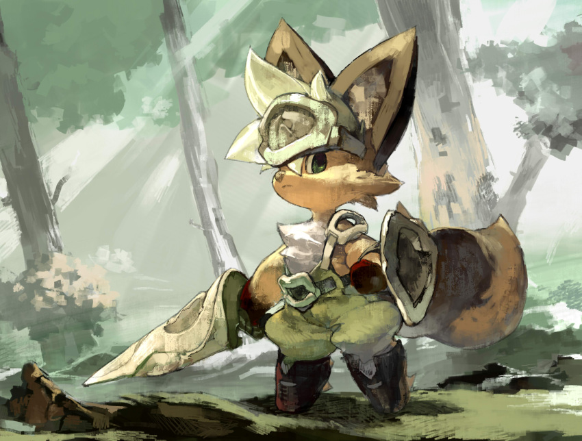 2017 ambiguous_gender anthro armor belt bottomwear canid canine chest_tuft clothing footwear fox hair hi_res holding_melee_weapon holding_object holding_shield koki mammal outside pants plant shield shoes solo standing tree tuft white_hair