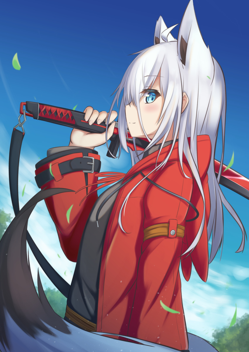 1girl ahoge animal_ear_fluff animal_ears animal_hood bangs black_shirt blue_eyes blue_sky blush closed_mouth cloud commentary_request day eyebrows_visible_through_hair fake_animal_ears fox_ears fox_girl fox_tail from_side hair_between_eyes hand_up highres holding holding_sword holding_weapon hood hood_down hooded_jacket jacket katana looking_at_viewer looking_to_the_side open_clothes open_jacket original outdoors over_shoulder profile red_jacket shirt sky smile solo standing sword sword_over_shoulder tail weapon weapon_over_shoulder white_hair yukishiro_haku