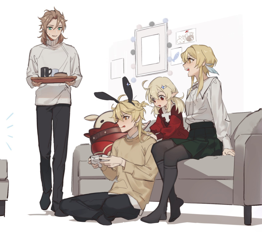 2boys 2girls :q aether_(genshin_impact) albedo_(genshin_impact) alternate_costume animal_ears bangs black_pants blonde_hair brown_hair bunny_ears casual controller couch crossed_legs dress fake_animal_ears game_controller genshin_impact green_skirt hair_ornament highres holding indoors jumpy_dumpty k_young03 klee_(genshin_impact) long_sleeves low_twintails lumine_(genshin_impact) multiple_boys multiple_girls on_floor open_mouth pants playing_games pointy_ears red_dress red_eyes shirt short_hair_with_long_locks sitting skirt standing sweater tongue tongue_out tray turtleneck turtleneck_sweater twintails yellow_eyes