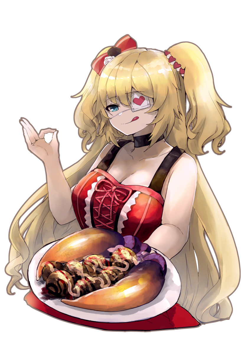 1girl :q absurdres akai_haato aqua_eyes bangs bare_arms bare_shoulders black_choker blonde_hair breasts choker cleavage collarbone cowboy_shot cross-laced_clothes dress eyepatch food hair_ribbon heart heart_eyepatch highres holding holding_plate hololive hololive_english large_breasts licking_lips long_hair looking_at_viewer medical_eyepatch ninomae_ina'nis ok_sign plate playing_card_theme red_dress ribbon simple_background sleeveless sleeveless_dress solo takoyaki tongue tongue_out two_side_up very_long_hair virtual_youtuber vyragami white_background
