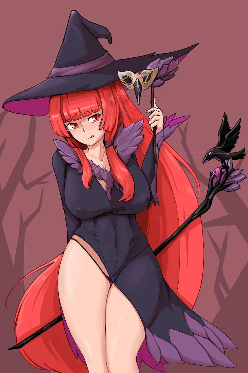 1girl absurdres bird black_dress breasts cleavage colorized crow dress hat highres large_breasts last_origin long_hair looking_at_viewer mask navel nipples panties red_eyes red_hair staff t-3_leprechaun taphris thighs tongue tongue_out underwear witch witch_hat