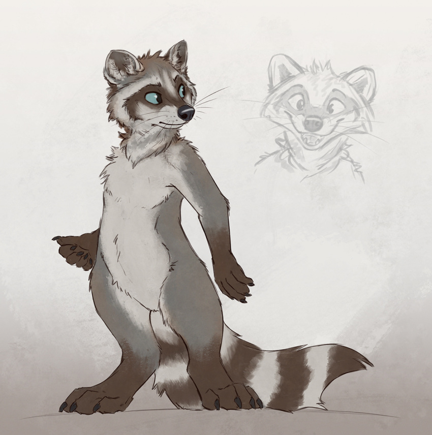 2021 anthro black_nose brown_body brown_fur cheek_tuft facial_tuft featureless_crotch fur grey_body grey_fur head_tuft hi_res inner_ear_fluff kebi mammal neck_tuft nude procyonid raccoon simple_background solo standing tuft whiskers white_background