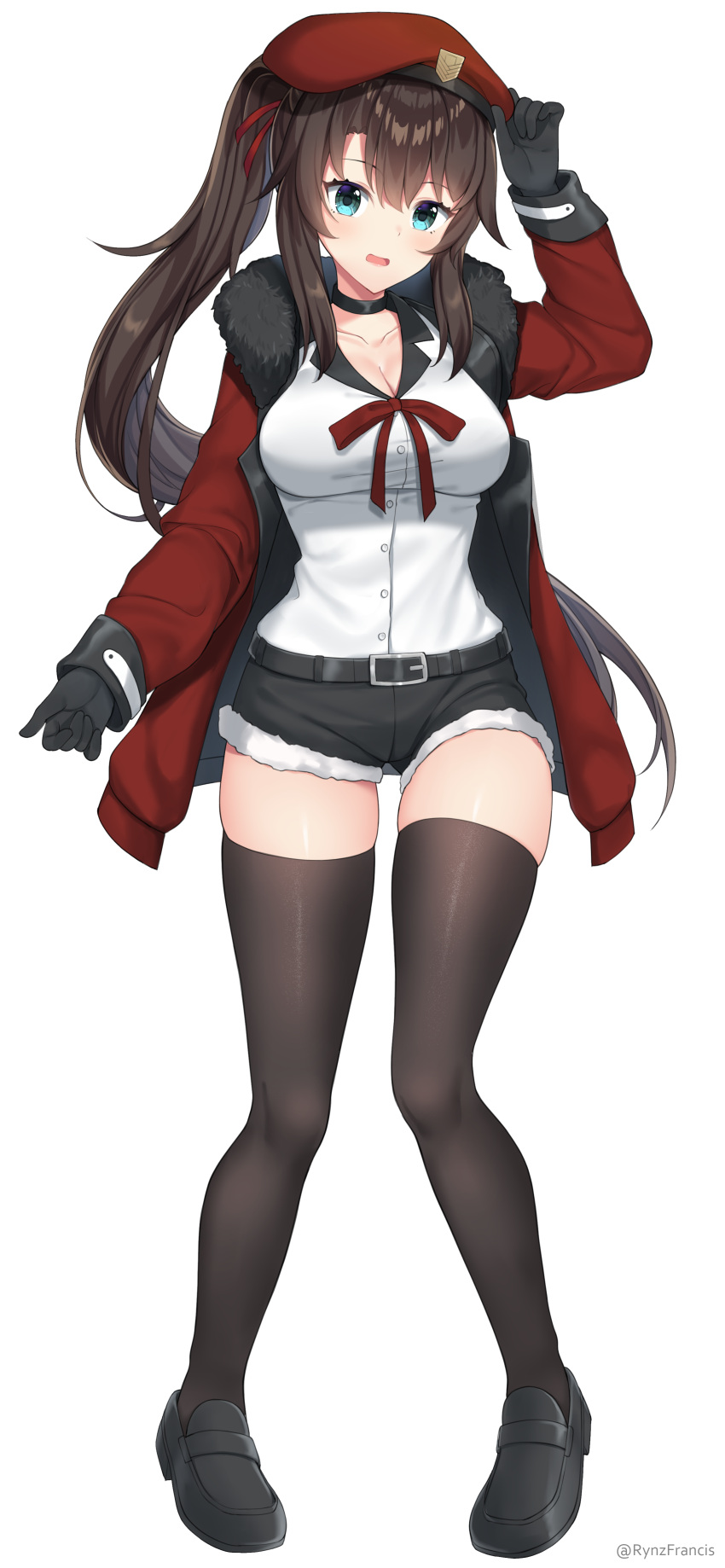 1girl absurdres aqua_eyes artist_name bangs belt beret black_footwear black_gloves black_legwear black_shorts blush bow breasts brown_hair choker cleavage coat collarbone eyebrows_visible_through_hair female_commander_(girls_frontline) full_body fur_trim girls_frontline gloves hair_between_eyes hair_ribbon hand_on_headwear hat highres large_breasts long_hair long_sleeves looking_at_viewer open_mouth ponytail red_coat red_headwear red_ribbon ribbon rynzfrancis shirt shirt_tucked_in shoes short_shorts shorts simple_background solo standing thighhighs very_long_hair white_background white_shirt