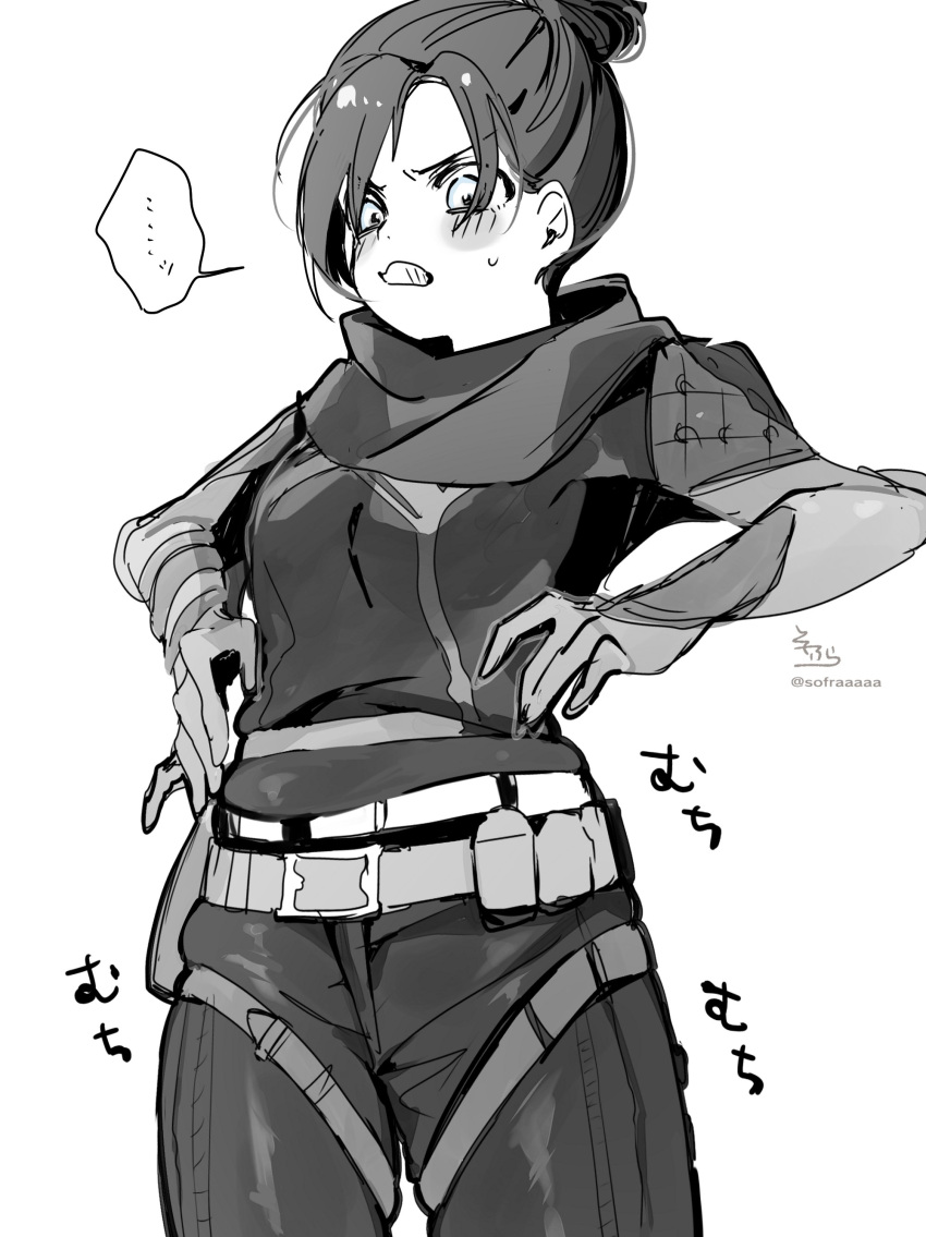 ... 1girl absurdres apex_legends blue_eyes blush_stickers breasts clenched_teeth commentary_request cowboy_shot gloves greyscale hair_bun highres jacket medium_breasts monochrome pants scarf signature simple_background sofra solo spoken_ellipsis standing sweat teeth twitter_username white_background wraith_(apex_legends)