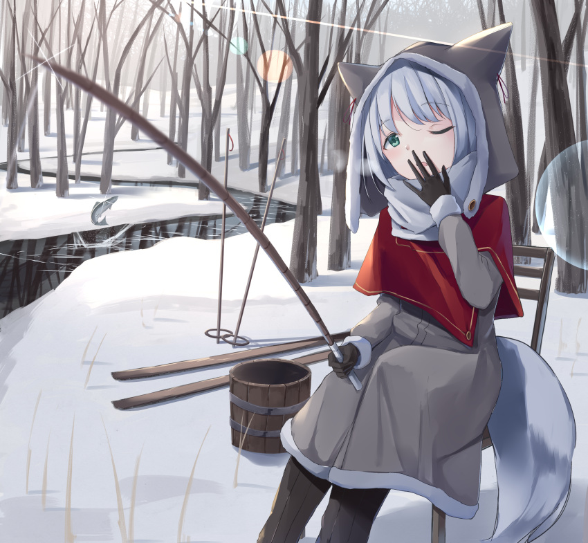 1girl absurdres akinakesu-chan animal animal_ears bangs bare_tree black_gloves black_headwear black_pants bucket capelet coat commentary_request day eyebrows_visible_through_hair fake_animal_ears fish fishing_rod fur-trimmed_sleeves fur_trim gloves green_eyes grey_coat grey_hair grey_scarf hand_to_own_mouth head_tilt highres holding holding_fishing_rod long_sleeves on_chair one_eye_closed open_mouth original outdoors pants red_capelet river scarf sitting ski_pole skis solo tail tree yawning