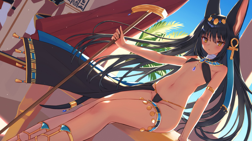 1girl animal_ears anubis armlet black_hair choker commentary_request dark_skin egyptian_art egyptian_clothes gold_trim hair_ornament highres jewelry komiya_nigi long_hair looking_at_viewer navel necklace original parted_lips staff thigh_strap yellow_eyes