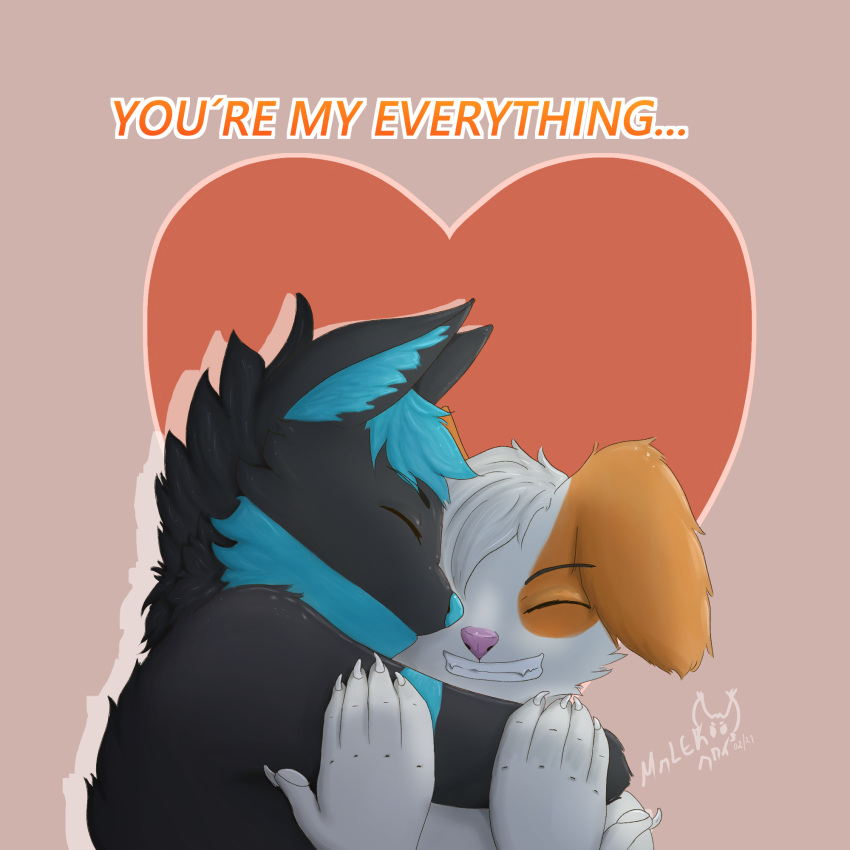 &lt;3 1:1 anthro black_body black_fur blue_body blue_fur blue_hair blue_nose canid canine canis claws couple_(disambiguation) digital_drawing_(artwork) digital_media_(artwork) domestic_dog duo english_text eyes_closed fur hair hi_res holidays hug love male male/male malekart mammal neck_hug nude pink_nose romantic_couple simple_background smile text valentine's_day white_body white_fur ych_result