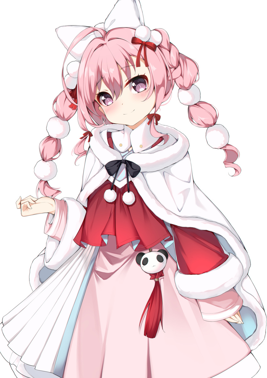 1girl absurdres ahoge azur_lane bangs blush bow braid cat_(yidsv) cloak closed_mouth commentary_request dress eyebrows_visible_through_hair fur-trimmed_cloak fur-trimmed_sleeves fur_trim hair_between_eyes hair_bow head_tilt highres jacket long_hair long_sleeves looking_at_viewer pink_dress pink_hair purple_eyes red_jacket saratoga_(azur_lane) simple_background smile solo twintails white_background white_bow white_cloak