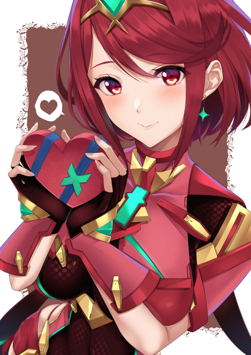 1girl bangs black_gloves blush breasts candy chest_jewel chocolate chocolate_heart earrings fingerless_gloves food gloves heart highres jewelry large_breasts looking_at_viewer pyra_(xenoblade) red_eyes red_hair short_hair sidelocks smile solo swept_bangs tiara valentine xenoblade_chronicles_(series) xenoblade_chronicles_2 yuuki_shin