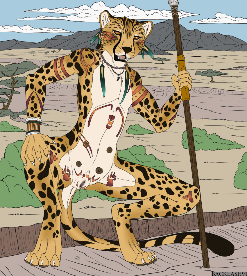 africa anatomically_correct anatomically_correct_genitalia anthro backlash91 bodily_fluids cheetah conditional_dnp dripping feathers felid feline female genital_fluids genitals hi_res king_cheetah looking_at_viewer mammal markings melee_weapon nipples nude polearm pussy pussy_juice pussy_juice_drip solo spear tattoo teats tribal_markings weapon