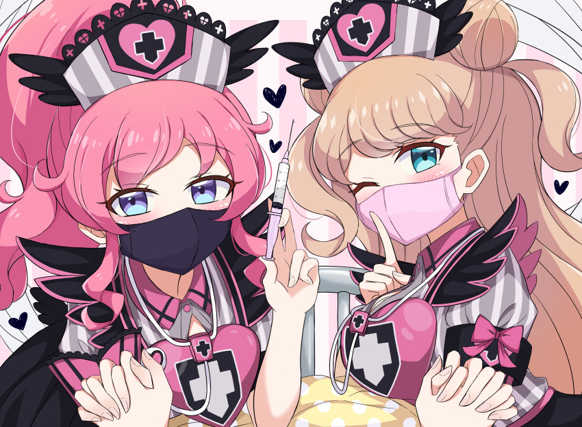3girls absurdres bed black_mask black_skirt blue_eyes blush bow_shirt breasts cleavage_cutout clothing_cutout covered_mouth cross double_bun eyebrows_visible_through_hair female_pov finger_to_mouth half-closed_eyes hat heart high_ponytail highres holding holding_hands holding_syringe interlocked_fingers kanamori_maria kiratto_pri_chan large_breasts light_brown_hair long_hair mask meiji_(meizi493) momoyama_mirai mouth_mask multicolored_shirt multiple_girls naughty_face nurse nurse_cap one_eye_closed pink_hair pink_mask pov pov_hands pretty_(series) puffy_short_sleeves puffy_sleeves purple_eyes shirt short_sleeves shushing skirt spoken_heart stethoscope striped striped_shirt striped_wall syringe two_side_up yuri