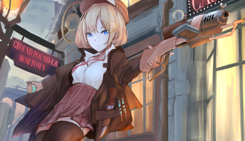 1girl absurdres blonde_hair blue_eyes breasts deerstalker eyebrows_behind_hair ginga_elyka ground_pound hair_ornament hat highres holding holding_weapon hololive hololive_english knife loose_necktie monocle_hair_ornament necktie syringe thighhighs virtual_youtuber watson_amelia weapon