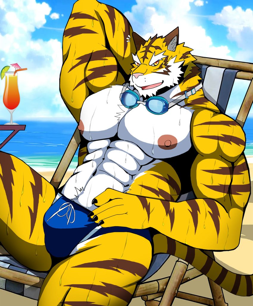 2021 abs amber_eyes anthro beach bearlovestiger13 beverage biceps bulge chair claws clothed clothing cloud dragonblast eyewear felid finger_claws fur furniture goggles goggles_around_neck hand_behind_back hi_res male mammal muscular muscular_anthro muscular_male nipples open_mouth outside pantherine pecs quads reclining sangetsu sea seaside sitting skimpy sky solo speedo striped_body striped_fur stripes swimwear tiger triceps water wet wet_body wet_fur