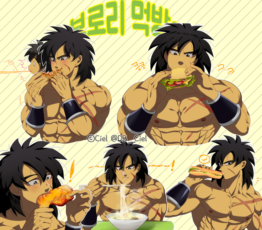 1boy abs bara black_eyes black_hair blush bracer broly_(dragon_ball_super) chopsticks collage dark_skin dark_skinned_male dragon_ball dragon_ball_super dragon_ball_super_broly eating expressions food hamburger highres large_pectorals male_focus meat medium_hair multiple_views muscular muscular_male nipples noodles nude pizza ramen sandwiched scar scar_on_chest smile spiked_hair stomach tarutobi upper_body