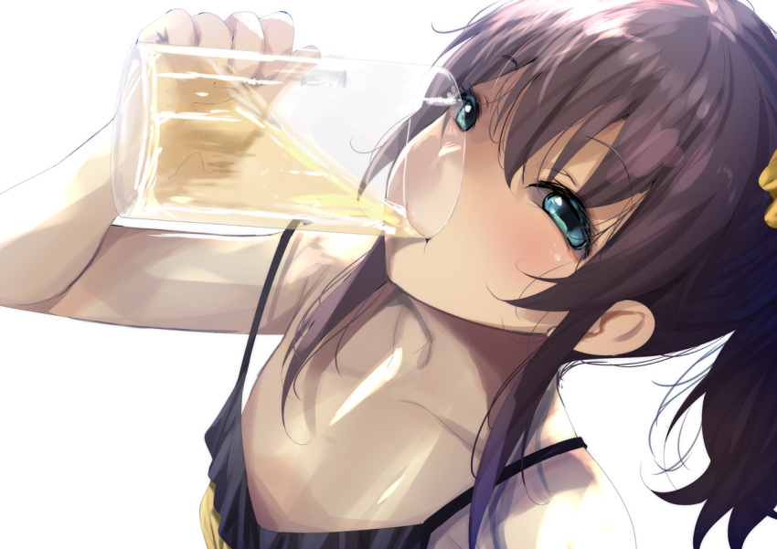 1girl ahoge bangs blue_eyes blush brown_hair cup drinking drinking_pee fumihiko_(fu_mihi_ko) hair_between_eyes holding holding_cup hololive looking_at_viewer mug natsuiro_matsuri pee side_ponytail simple_background solo spaghetti_strap virtual_youtuber white_background