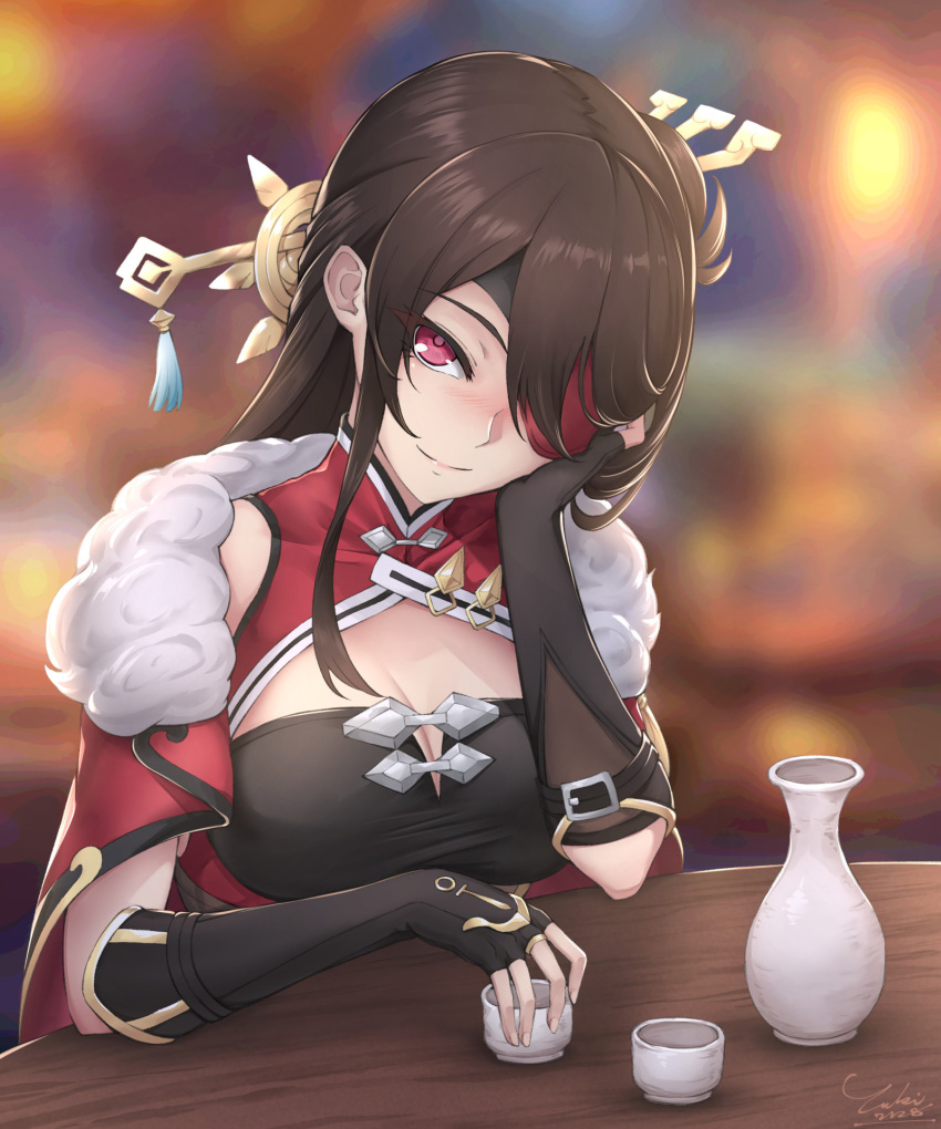 1girl alcohol beidou_(genshin_impact) blush breasts brown_hair capelet cleavage cup drink eyepatch fingerless_gloves fur_trim genshin_impact gloves hair_ornament half-closed_eyes highres large_breasts looking_at_viewer red_eyes smile table upper_body yuki7128