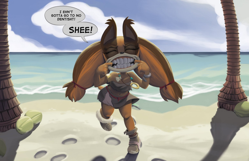 2019 anthony_loiacono anthro badger beach bottomwear brown_body clothing cloud detailed_background dialogue english_text eyes_closed female mammal mustelid musteline navel on_one_leg outside palm_tree plant presenting_mouth sand seaside skirt solo sonic_boom sonic_the_hedgehog_(series) standing sticks_the_jungle_badger text tree water